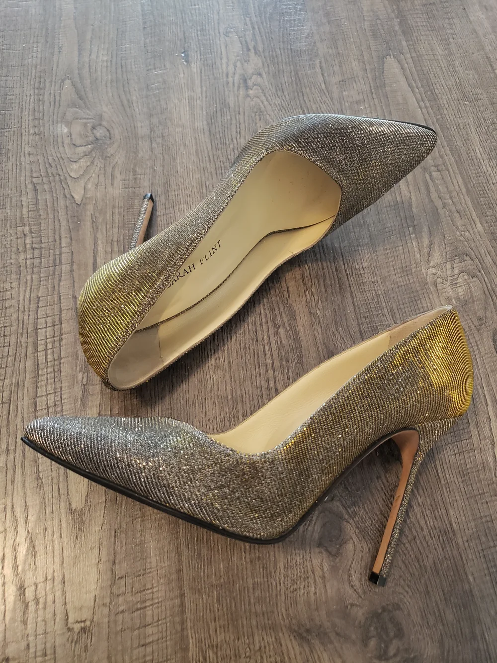 Sarah Flint Silver Glitter Pointed Toe Stilettos with Gold Edge